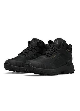 Зимние мужские кроссовки adidas terrrex swift r gore tex fur all black grey stripes