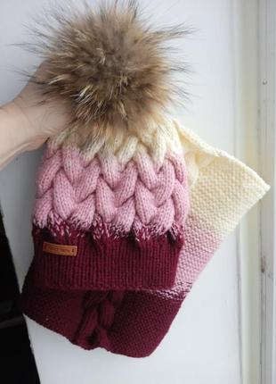 Зимний комплект шапка хомут ручной работы градиент1 фото
