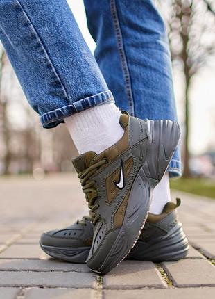 Круті жіночі кросівки nike m2k tekno olive хакі з сірим