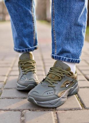 Круті жіночі кросівки nike m2k tekno olive хакі з сірим2 фото