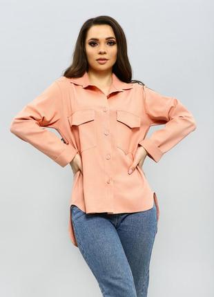 Розовая льняная рубашка с удлиненной спинкой, размер s