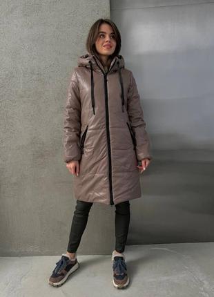 Жіноча стильна зимова куртка шкіряна еко шкіра мокко зима тінсулейт мокко наложка післяплата жіноче зимове пальто стьобана4 фото