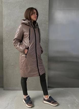 Женская стильная зимняя куртка кожаная эко кожа мокко зима тенсулейт мягко наляжка после платья женское зимнее пальто стеганая2 фото