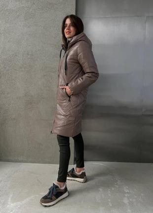 Женская стильная зимняя куртка кожаная эко кожа мокко зима тенсулейт мягко наляжка после платья женское зимнее пальто стеганая3 фото