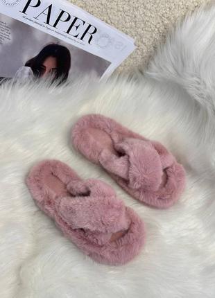 Стильні тапочки капці пухнасті жіночі хутряні теплі навхрест 4 кольори