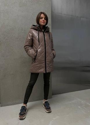 Жіноча стильна зимова куртка шкіряна еко шкіра мокко зима тінсулейт мокко наложка післяплата жіноче зимове пальто наложка післяплата8 фото