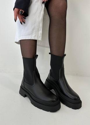 Квадратный мыс кожаные натуральные зимние челси ботинки с резинкой женские черные3 фото