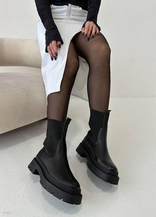Квадратный мыс кожаные натуральные зимние челси ботинки с резинкой женские черные4 фото