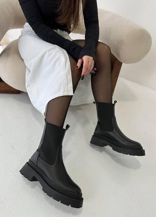 Квадратный мыс кожаные натуральные зимние челси ботинки с резинкой женские черные6 фото