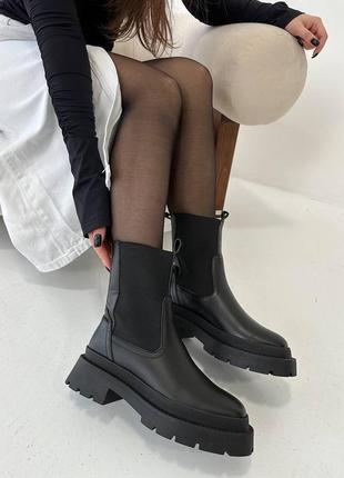 Квадратный мыс кожаные натуральные зимние челси ботинки с резинкой женские черные7 фото