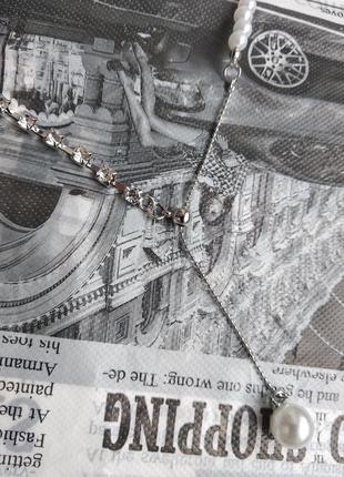 Ожерелье колье, цепочка серебристая с жемчугом с камнями цепочка5 фото