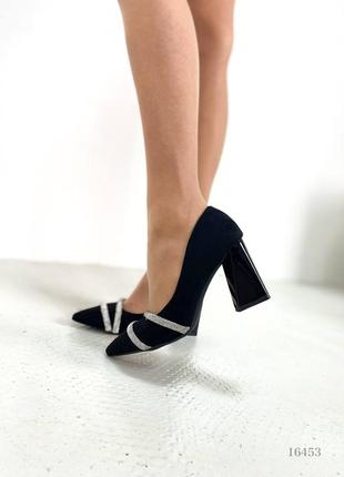 Стильные женские черные туфли на каблуке, эко замша, 36-37-384 фото