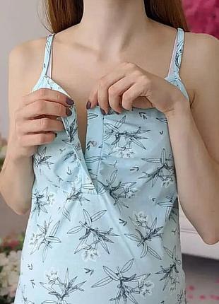 Сорочка на тонких бретелях для беременных и кормящих цветочки (мятный)2 фото