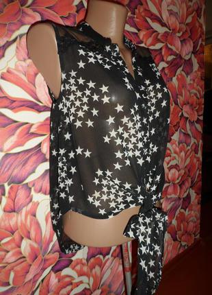 Черный шифоновый топ,блуза,рубашка в звезды с кружевом ,ажуром1 фото