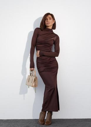Вечернее платье с драпировкой и вставкой из сетки - коричневый цвет, l