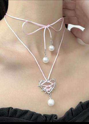 Чокер ожерелье сердечко розовая лента колье лолита