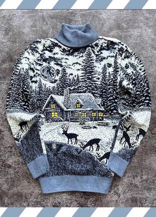 Новорічний чоловічий светр із будиночком різдвяний светр з оленями вовняної для пари, парні світера подарунок