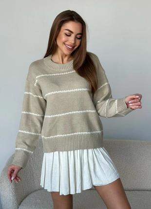 Ангоровый вязаный свитер бежевого цвета в полоску, размер m