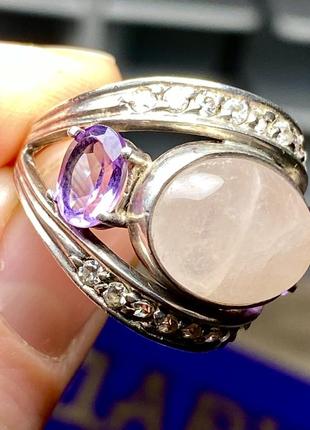 Серебряная кольца,кольцо 925 пробы с натуральными аметистами и розовым кварцем