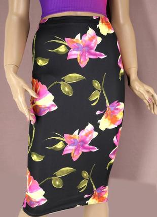 Новая облегающая юбка "misslook" чёрная с цветами, uk8/eur36.3 фото