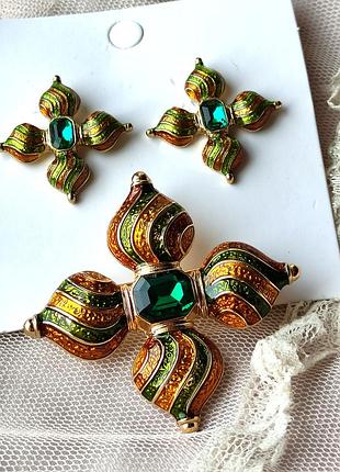 Сет серьги + брошка-кулон крест в стиле joan rivers