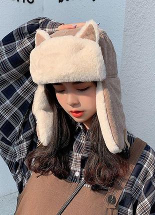 Плюшевая шапка ушанка с ушами котика и мехом корейский стиль тепла мылая шапка ушанка няпкая шапочка кофей аниме детская подростковая1 фото