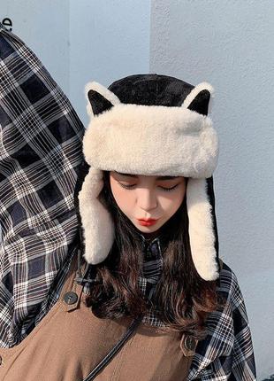 Плюшевая шапка ушанка с ушами котика и мехом корейский стиль тепла мылая шапка ушанка няпкая шапочка кофей аниме детская подростковая