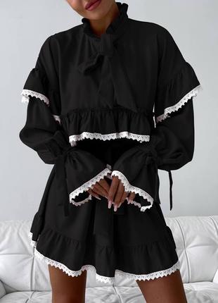 Роскошное нарядное чёрное платье короткое с кружевом с оборками вэнсдэй свободное туника расклешённое солнце лолита беби долл  аниме косплей горничная3 фото