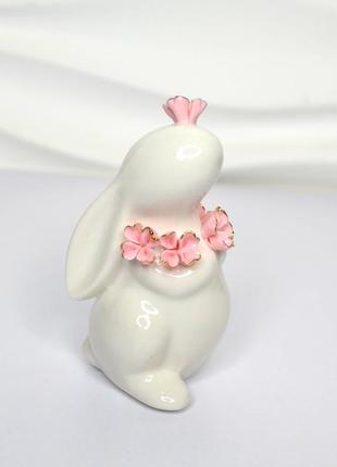 Декоративна, порцелянова фігурка кролик з квіточками 6 см. статуетка bonadi 727-3073 фото
