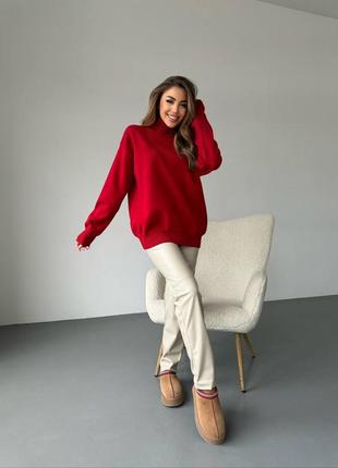 Красный женский свитер с высоким горлом, тонкий свитер свободного кроя3 фото
