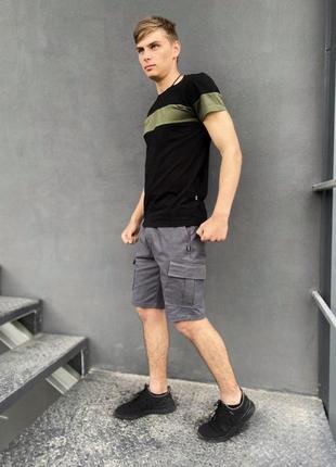 Комплект шорти miami футболка 'color stripe' чорна з смугою кольору хакі1 фото