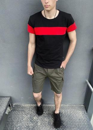 Комплект шорти хакі miami футболка 'color stripe' чорна з червоною смугою