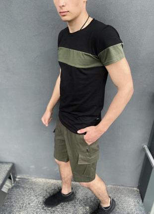 Комплект шорти хакі miami футболка 'color stripe' чорна з смугою кольору хакі