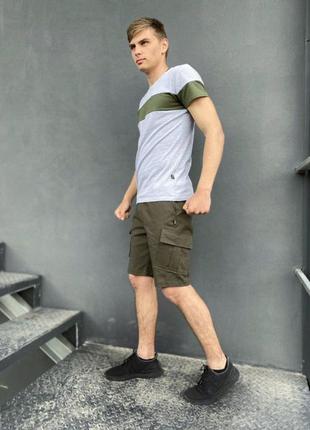 Комплект шорты хаки miami футболка 'color stripe' светло- серая с полосой цвета хаки2 фото