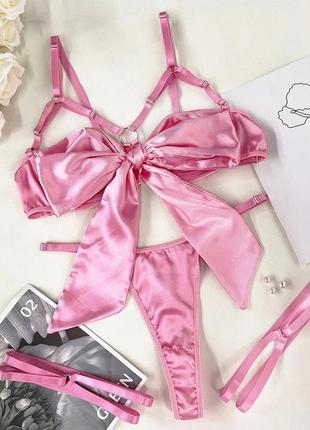 Комплект жіночої нижньої білизни з бантом та підв'язками s рожевий (00102/10)7 фото