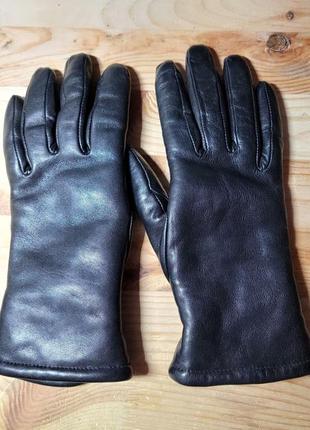 Кожаные женские перчатки черные с овчиной зимние с мехом