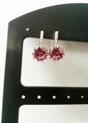 Серьги с цирконием розовый круглый корона классическая застежка под винтаж ретро2 фото