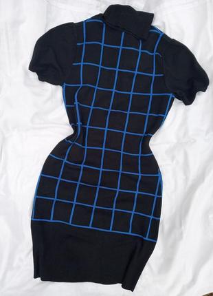 Платье франция короткий рукав мини в клетку синее чёрное водолазка