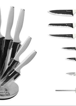 Набір кухонних ножів на круглій підставці, 5 ножів з білою ручкою та точилкою
