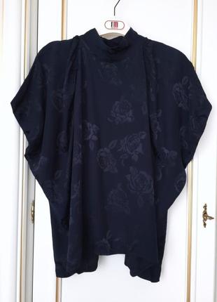 Zara синя жакардова блуза з пишними рукавами s/m малюнок троянди6 фото