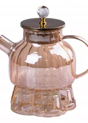 Заварювальний чайник зі скла з підставкою для свічок 1 л, коричневий, чайник заварник, чайник скло