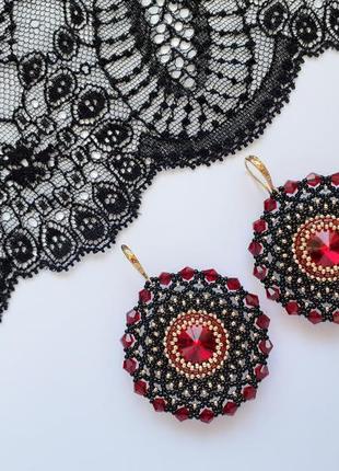 Серьги, серёжки, сережки, кульчики вечерние, чёрно-красные ручной работы из бисера