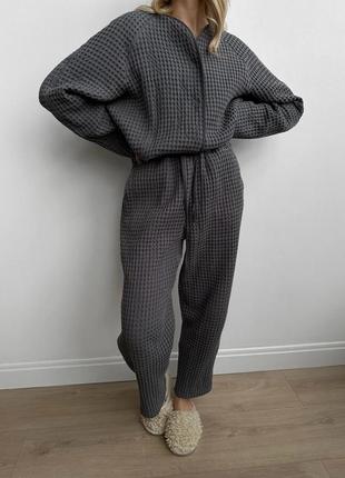 Пижамный комплект двойка вафельний, рубашка + штаны, пижамный комплект, костюм для дома5 фото