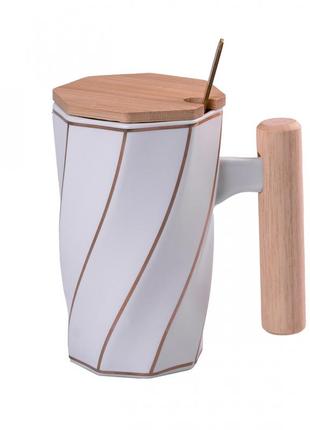 Чашка керамическая с бамбуковой крышкой и ложкой1 фото