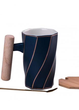Чашка керамическая с бамбуковой крышкой и ложкой2 фото
