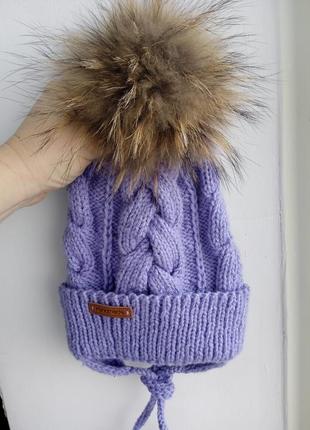 Зимний комплект шапка хомут сиреневый ручной работы натуральный балабон3 фото