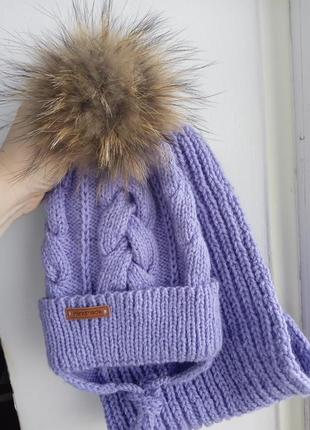 Зимний комплект шапка хомут сиреневый ручной работы натуральный балабон1 фото
