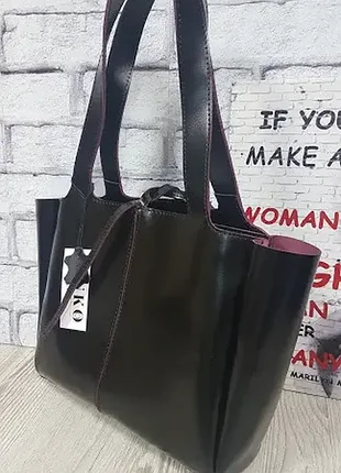 Сумка женская "марго" натуральная кожа, черная полуматовая с бургунди изнанкой