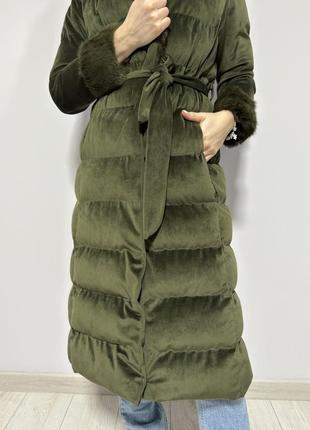 Пальто пуховик зимнее куртка женское кролик натуральний мех велюр зелений смарагд2 фото