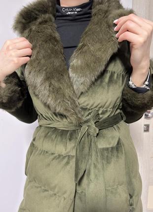 Пальто пуховик зимнее куртка женское кролик натуральний мех велюр зелений смарагд6 фото